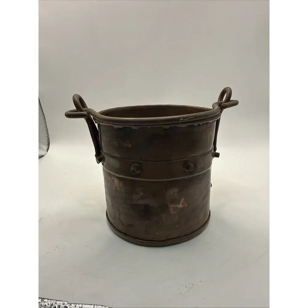 Antique Hand Hammered Copper Riveted Bucket With Iron Handles